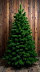 Wall Mural - green christmas tree rustic wooden background brown texture plenty space add decorations