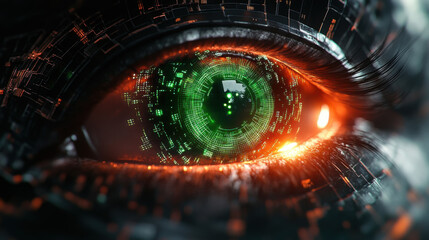 Cybernetic vision hacker or ai robot eye in dark technological environment on digital backdrop