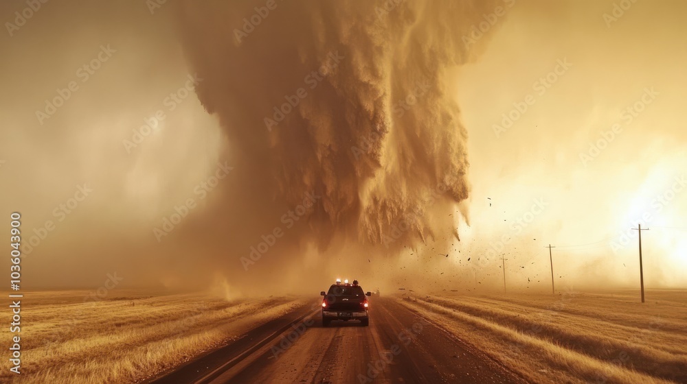 Storm chasers driving toward a massive tornado on the horizon, with ...