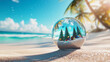© Claudia Nass - Christmas trees inside a glass ball on a sunlit beach with waves and palm trees in the background
