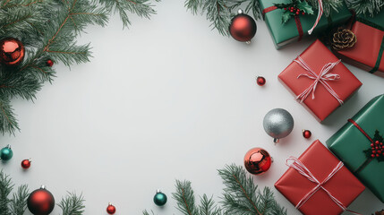 Wall Mural - red and green christmas gift boxes with ribbons are surrounded by festive ornaments and pine branche