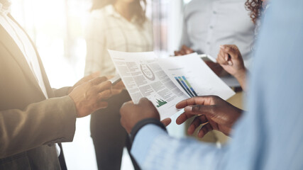 Aufkleber - Paperwork, business people and hands with notes and graph for professional data in office. Meeting, teamwork and logistics information with report and collaboration of staff with planning and stats