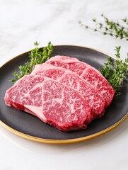 Premium marbled beef steak placed on a black plate with fresh thyme, perfect for gourmet cooking or culinary presentations.