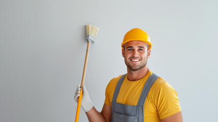 Smiling construction worker in hardhat and overalls holding a paint brush near an empty wall