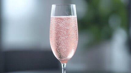   A glass of champagne sits atop a table, beside a vase of flowers and a lush green plant