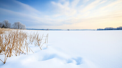 Wall Mural - Winter scene: frozen lake, snow-covered with dry grass and cloudy sky in background