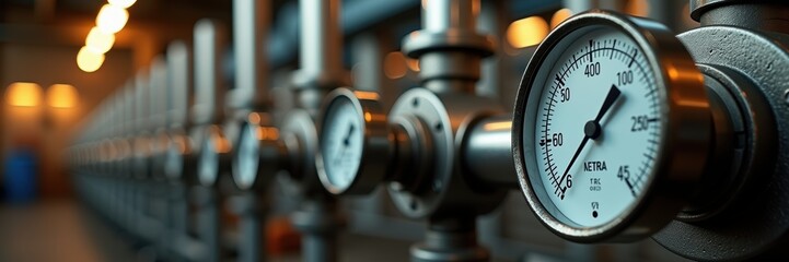 Close-up of industrial gauges in a public utilities facility, highlighting the precision and importance of monitoring systems for water, gas, and energy management.