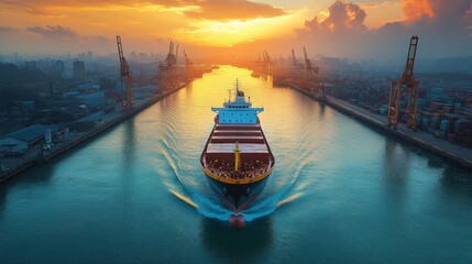 Aufkleber - A cargo ship travels along a bustling harbor at sunset, surrounded by cranes and reflecting colorful skies on the calm water below.
