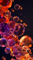 Wall Mural - minimalistic, abstract art of glass spheres melting over black background, color pallete orange and 