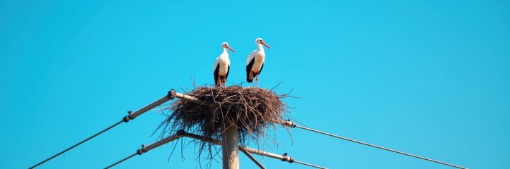 A pair of storks on a utility pole nest, symbolizing the intersection of wildlife conservation and public utility infrastructure.