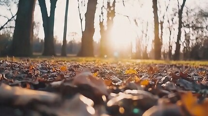 Wall Mural -   The sun illuminates the park through rustling leaves on the ground