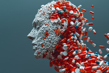 Poster - a person with their body composed of medication capsules, representing the reliance on medicine to m