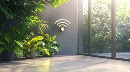 Wall Mural - A 3D design showing a wifi symbol next to an office building and some plants. It represents a wireless network and was created using a computer program.