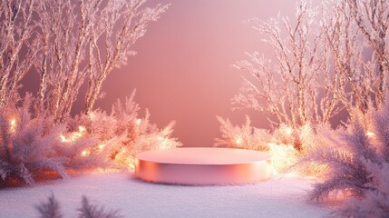 Aufkleber - A round, pink platform sits in a snowy forest with trees and branches covered in white frost and delicate lights illuminating the scene.