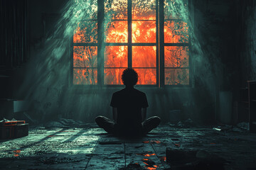 Poster - a person sitting alone in a dark room, representing isolation during a global crisis. concept of soc