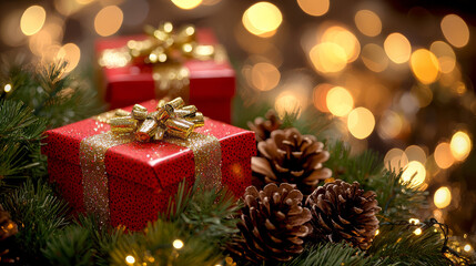 Wall Mural - red gift boxes with golden ribbons sit among pine cones and evergreen branches, creating festive chr