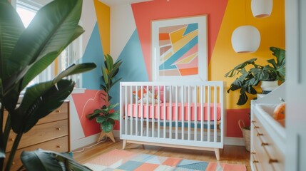 A nursery fit for a budding artist with a graphic geometric wall pattern and splashes of primary colors throughout the room.