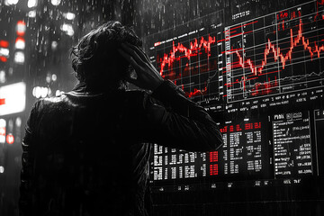 Poster - a person holding their head in distress while looking at financial charts, representing financial cr