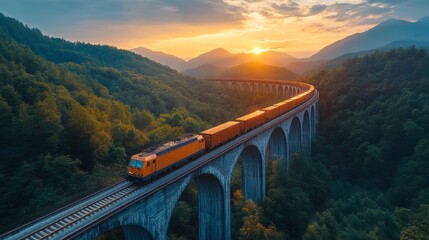 Poster - A vibrant orange train travels over a stunning viaduct as the sun sets behind the mountains. The scene captures a perfect blend of nature and industry.