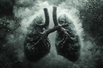 Poster - a pair of lungs made of smoke from factory chimneys, illustrating the impact of pollution on respira