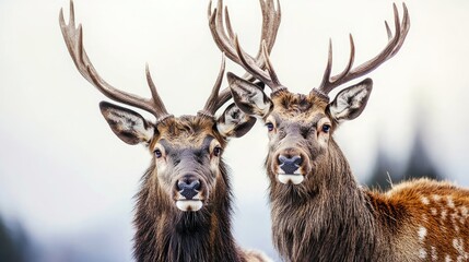 Poster - Two Majestic Deers With Antlers Grazing in a Serene Forest Setting Generative AI