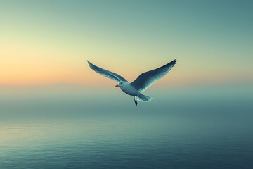 Poster - a lone bird flying across a clear sky, representing independence and solitude. concept of minimalism