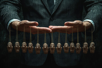 Poster - A large hand pulling puppet strings attached to business professionals, representing manipulation and control in the corporate hierarchy. Concept of business.
