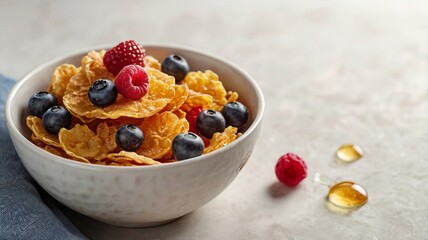 A delicious American breakfast featuring cornflakes, berries, and honey on a white background, with ample copy space.