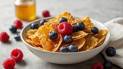 A delicious American breakfast featuring cornflakes, berries, and honey on a white background, with ample copy space.