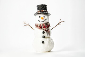 Snowman wearing top hat and scarf standing in snow