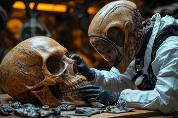 Poster - a human scientist studying alien artifacts, representing the search for extraterrestrial knowledge. 