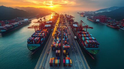 The sunset casts a warm glow over the busy container port, where towering cranes load and unload cargo from vessels, forming a vibrant skyline above the water.