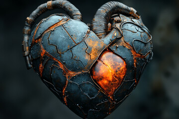 Poster - A heart made of metal, representing the idea of heart surgery and medical innovation. Concept of health.