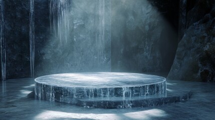 Aufkleber - Inside a dark cave, a circular platform glistens under a beam of light while water cascades down its edges, creating a serene yet mystical atmosphere that captivates the senses.
