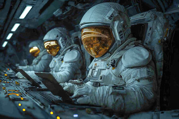 Poster - A group of humans and aliens working together on a space station, symbolizing cooperation between species. Concept of collaboration.