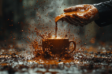 Poster - a giant hand pouring coffee into a cup held by a tired businessperson, symbolizing the fuel and ener