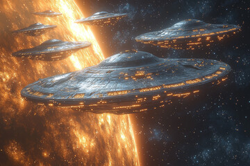 Wall Mural - a fleet of alien ships exploring the edge of a galaxy, representing curiosity and expansion. concept