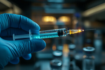 Poster - a doctor's hand holding a syringe with a glowing liquid inside, representing the importance of vacci