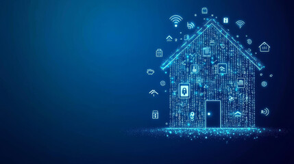 A blue background shows a house made of numbers, connected to icons of smart home devices. This image represents how smart technology controls your home, with everything connected to the internet.