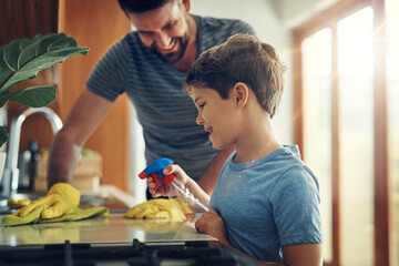 Poster - Family, housekeeping and cleaning with father, boy and equipment with spray bottle, cloth and smile. Apartment, chore and dad with son, single parent and teaching with people, learning and bacteria