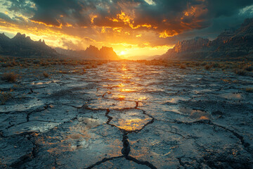 Poster - a cracked earth landscape with no greenery, symbolizing droughts and environmental disasters. concep