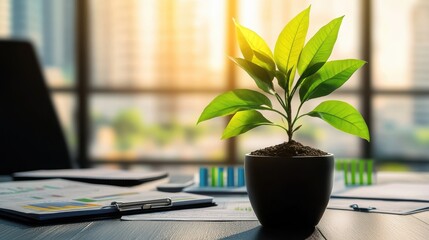 Small green plant on office desk with financial charts and city view