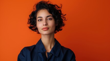 Confident Woman in Dark Blue Jacket Posing Against Deep Orange Background for Portrait Photography