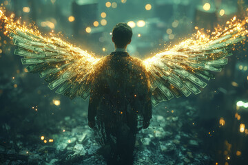 Poster - a businessperson with wings made of money flying towards a glowing city skyline, symbolizing ambitio