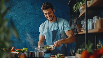 A man is smiling and cooking food in front of a blue wall