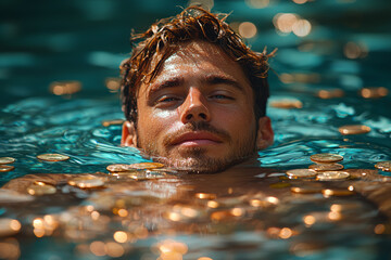 Poster - a businessman swimming in a pool of coins, representing wealth and the rewards of financial success.
