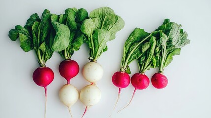 Poster - Radishes With Vibrant Green Leaves on White Background Generative AI