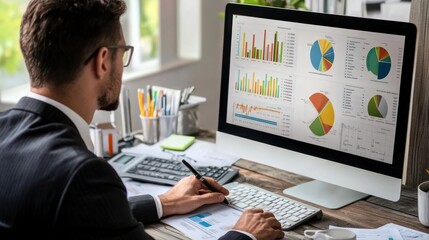 Poster - Businessman analyzing a marketing plan while an accountant calculates financial reports using a computer with graph charts Concepts related to business finance and accounting