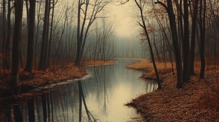 Poster - The image shows a calm river meandering through a dense forest. The trees are bare, their branches reaching up towards the sky, and the ground is covered in fallen leaves.