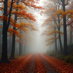 Foggy autumn forest path